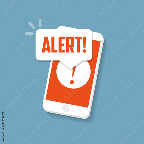 Alert sign on the smartphone screen. Important reminder.
