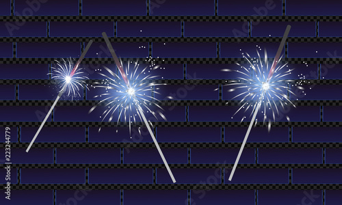 Christmas realistic bengal light effect. Isolated sparkler light vector design elements. Transparent template of glowing sparkler for Xmas Holiday greeting card design. Happy New Year decoration light