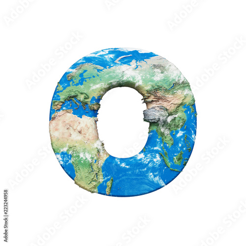 World earth globe alphabet letter O uppercase. Global worldwide font with NASA map. 3D render isolated on white background.
