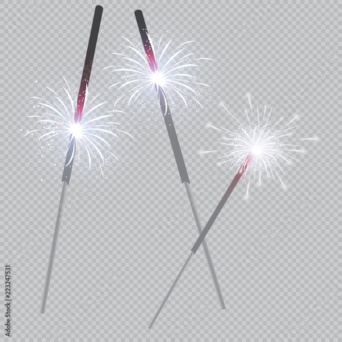 Christmas realistic bengal light effect. Isolated sparkler light vector design elements. Transparent template of glowing sparkler for Xmas Holiday greeting card design. Happy New Year decoration light