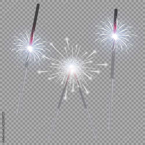 Christmas realistic bengal light effect. Isolated sparkler light vector design elements. Transparent template of glowing sparkler for Xmas Holiday greeting card design. Happy New Year decoration light
