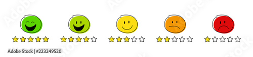 Collection of star rating icons - funny stickamn with different facial expressions. Vector.