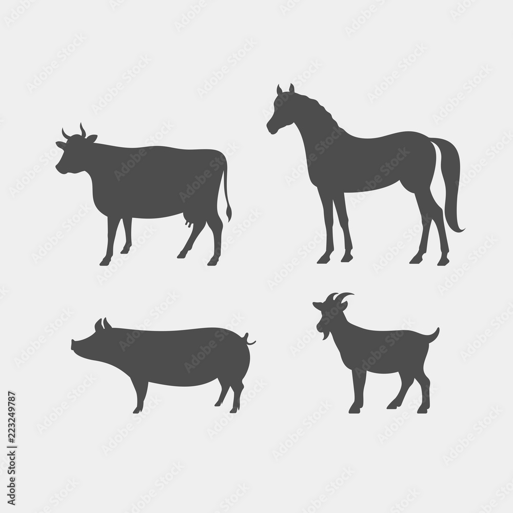 Goat, pig, horse, cow vector silhouettes. Farm animals silhouettes