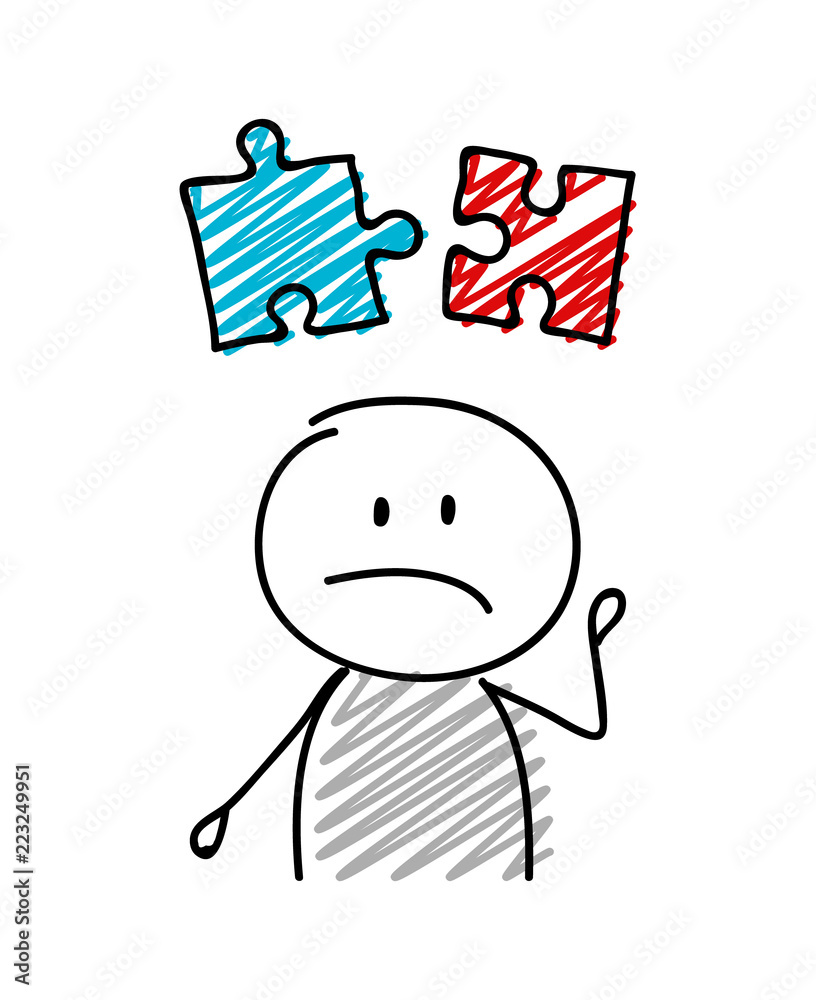 Stickman with sad facial expression holiding puzzle icon - success concept icon. Vector. Stickman with sad facial expression holiding puzzle icon - success concept icon. Vector.