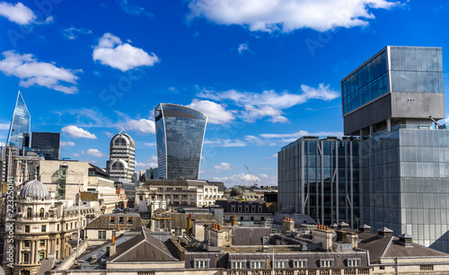 Aerial view of skyscrapers of the world famous bank district of central London