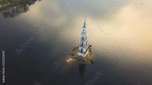 Cathedral bell tower off the shore Kalyazin town on great Volga river