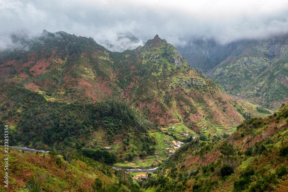 Beautiful landscape mountains with clouds, in Madeira
