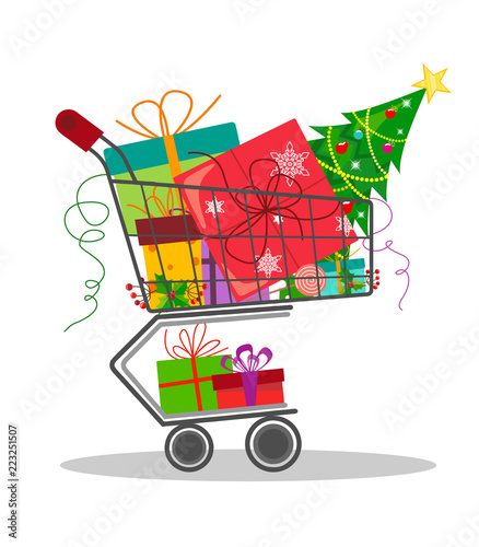 A trolley from a shop with Christmas gifts in the style of a flat