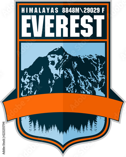 Vector Everest mountain logo. Emblem with highest peack in world. Mountaineering label illustration.