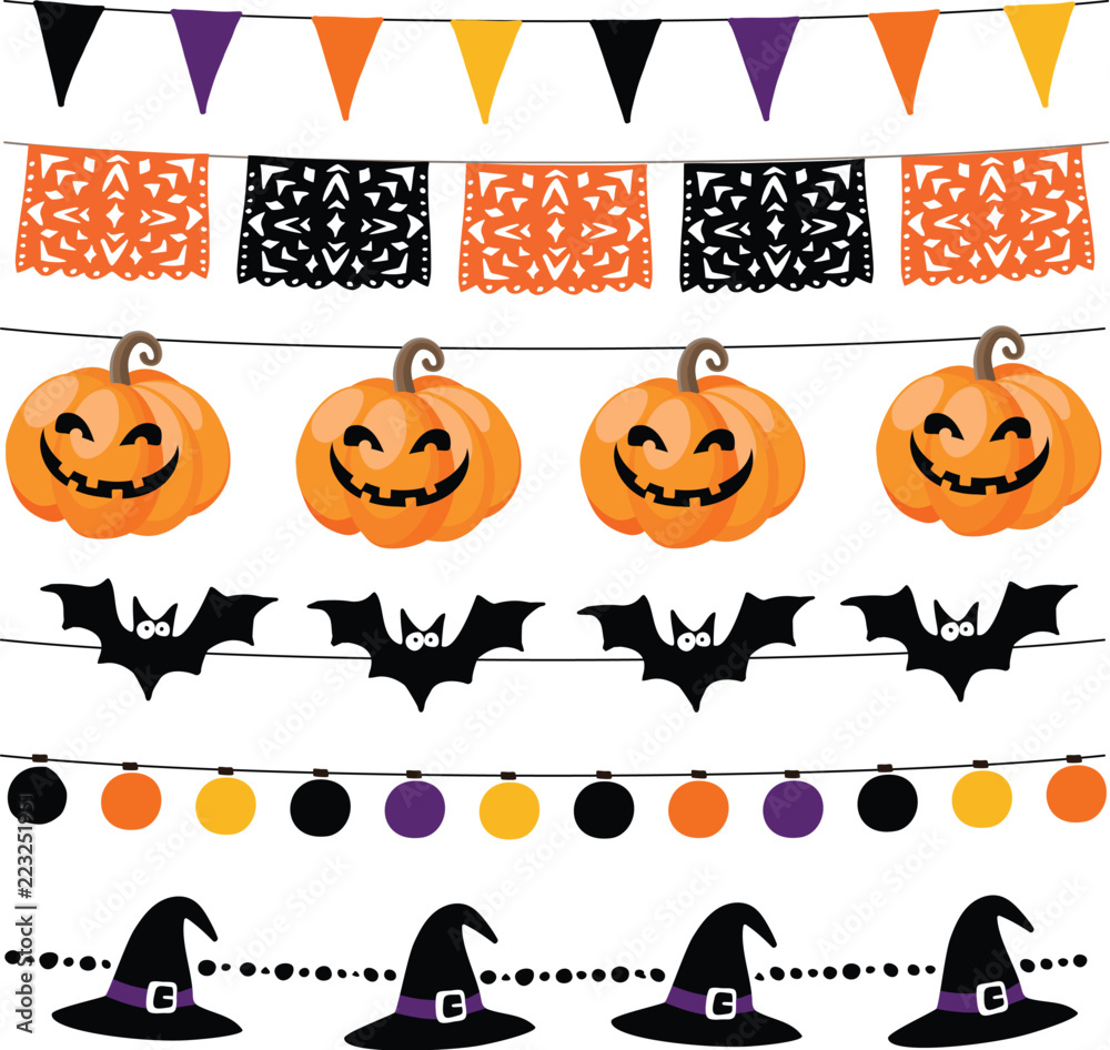 Fototapeta premium Set of Halloween or Dia de los Muertos, Day of the Dea garlands with lights, bunting flags, pumpkins and bats. Garden party decorations. Isolated vector objects.