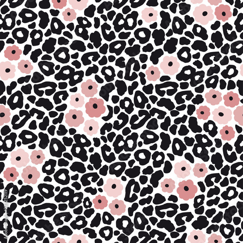Modern black and white leopard seamless pattern with pink flowers. Animal skin and floral design, vector illustration background.