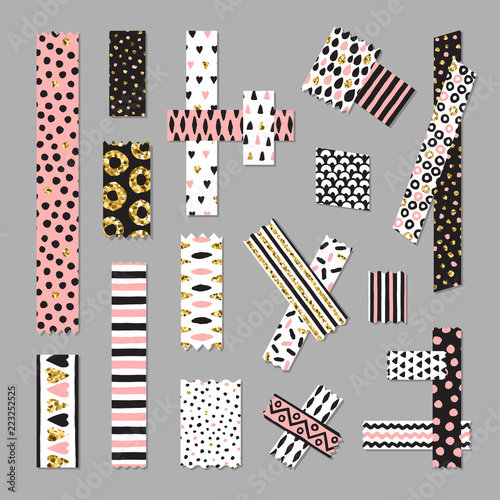 Scotch tape vector set. Black, pink, gold (vector). Part two.