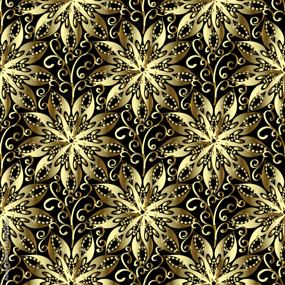 Gold 3d floral seamless pattern. Vector hand drawn vintage ornament. Ornamental patterned abstract background. Golden round ornate  mandalas, doodle swirls, dots. Surface endless decorative texture