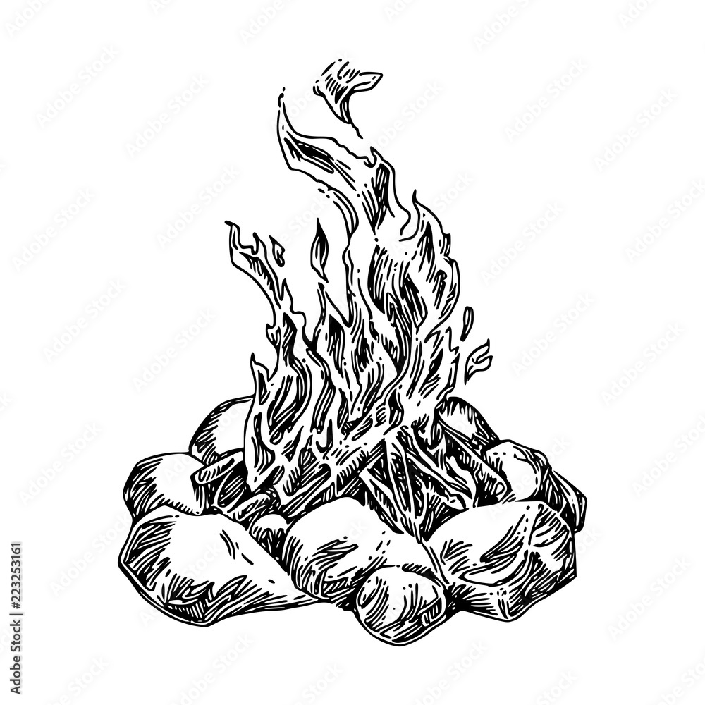 Large campfire fenced with stones. Sketch. Engraving style. Vector illustration. - obrazy, fototapety, plakaty 
