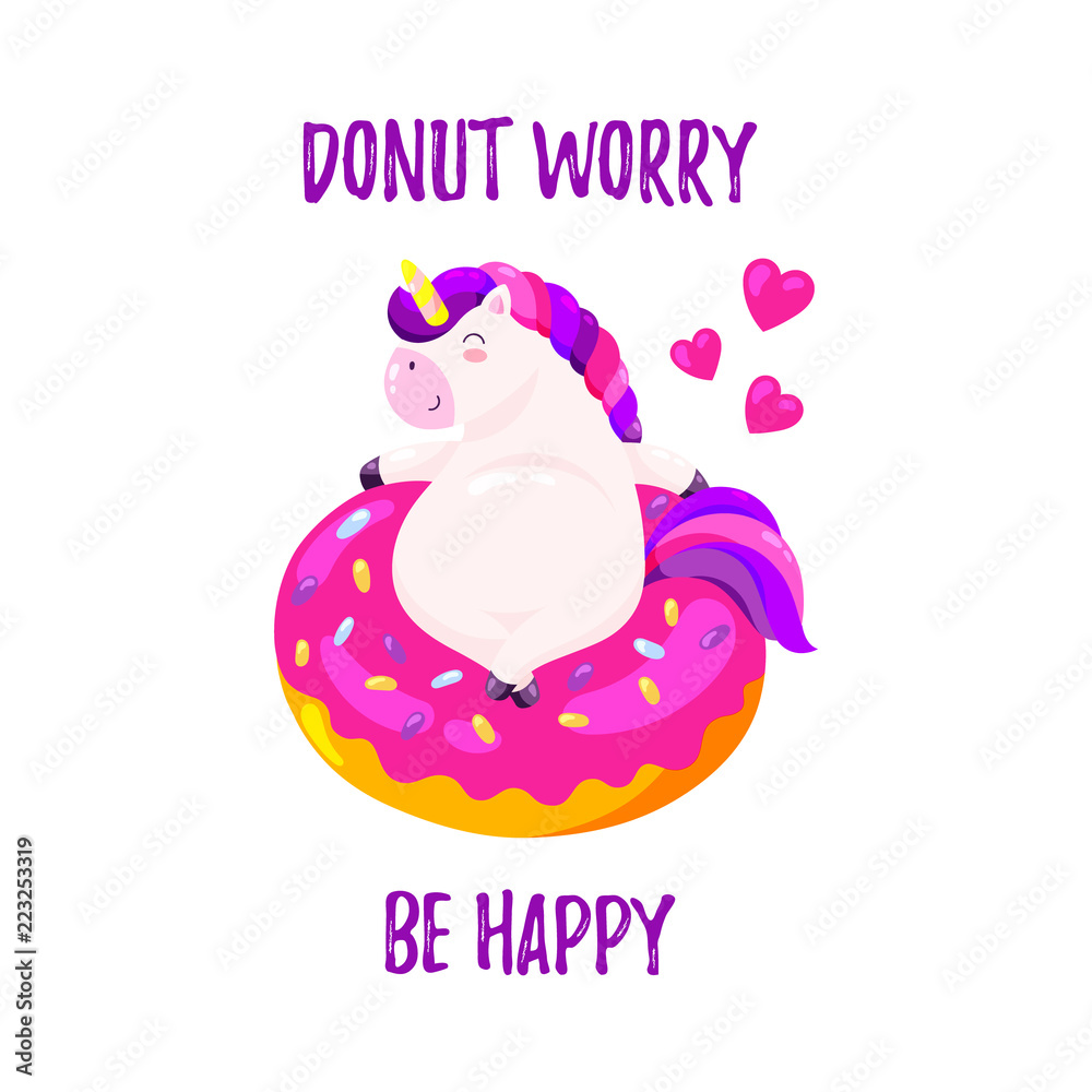 Cute cartoon vector unicorn with donut. Template for postcard, design for T-shirt