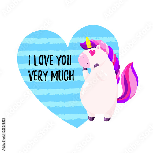 Cute vector greeting card with unicorn. Template for St. Valentine s Day