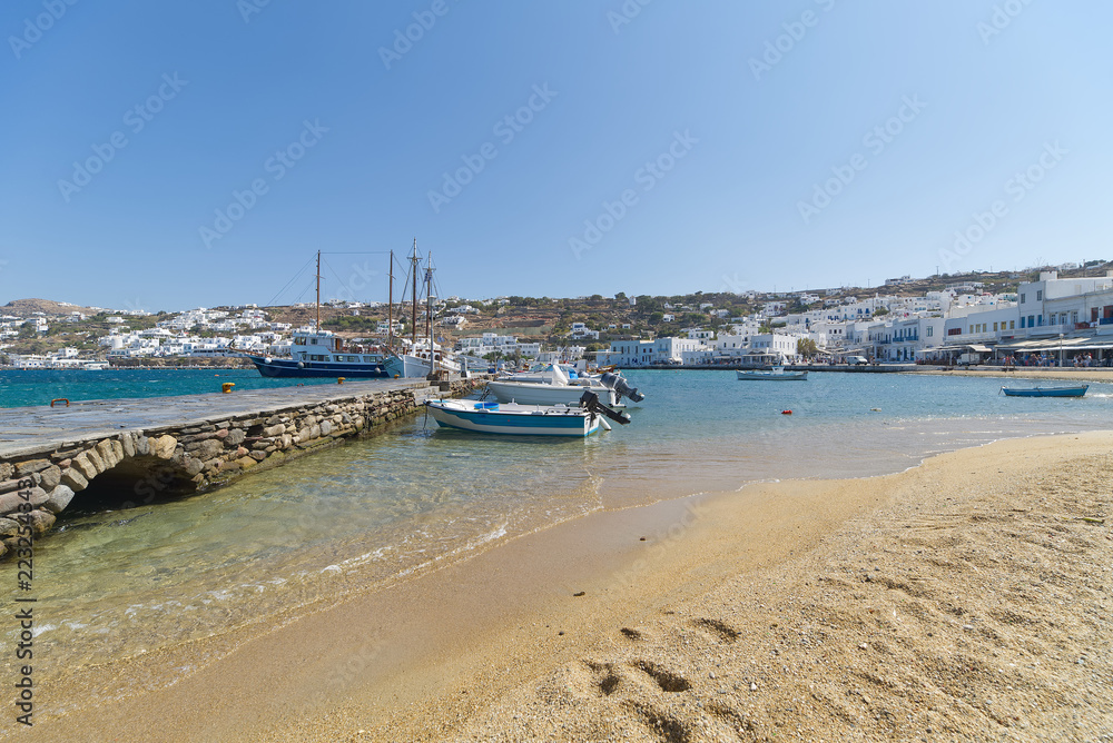 Chora village ( Beach and harbor ) - Mykonos Cyclades island - Aegean sea - Greece