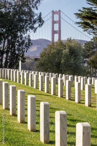 Bridge Through The Past. San Francisco National Cemetery looking north towards the Golden Gate Bridge. The Presidio, San Francisco, California, USA.