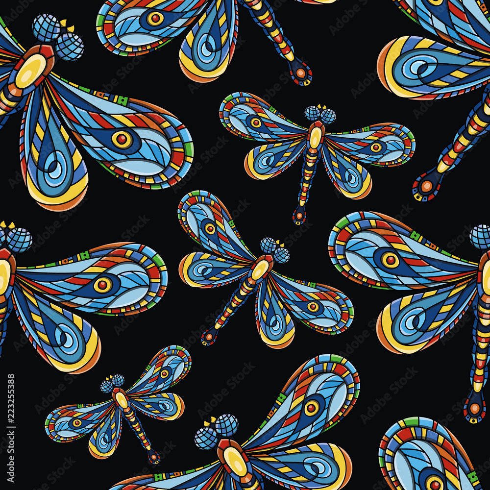 Naklejka premium Dragonfly seamless pattern. Dragonfly background. Creative background with insect. Vector illustration. Wallpaper for textile and fabric. Fashion style. Colorful bright