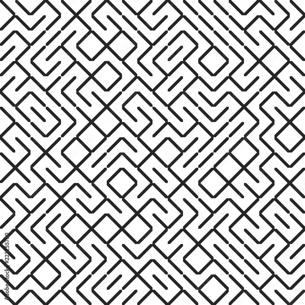Seamless fractal line maze pattern. Truchet tiled labyrinth background. Geometric irregular backdrop