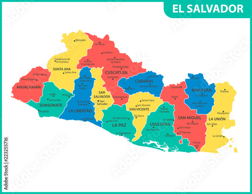 The detailed map of El Salvador with regions or states and cities, capital. Administrative division.