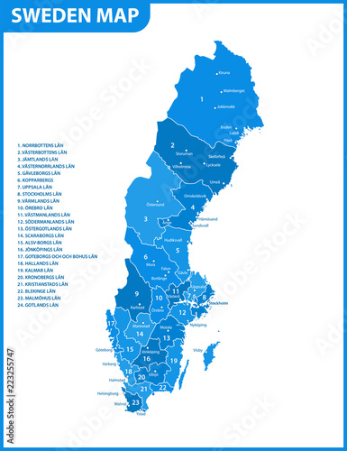 The detailed map of Sweden with regions or states and cities, capital. Administrative division.