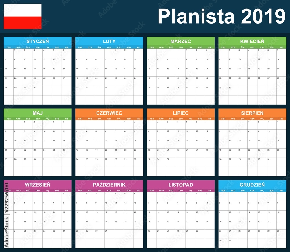 Polish Planner blank for 2019. Scheduler, agenda or diary template. Week starts on Monday Polish Planner blank for 2019. Scheduler, agenda or diary template. Week starts on Monday