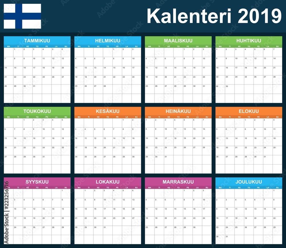 Finnish Planner blank for 2019. Scheduler, agenda or diary template. Week starts on Monday Finnish Planner blank for 2019. Scheduler, agenda or diary template. Week starts on Monday