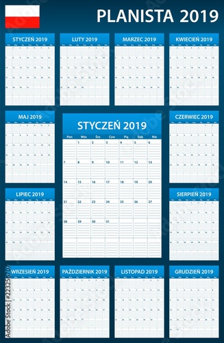 Polish Planner blank for 2019. Scheduler, agenda or diary template. Week starts on Monday