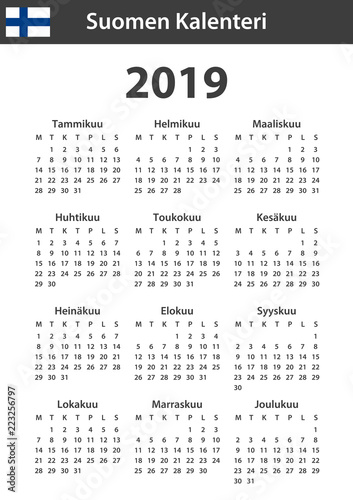 Finnish Calendar for 2019. Scheduler, agenda or diary template. Week starts on Monday
