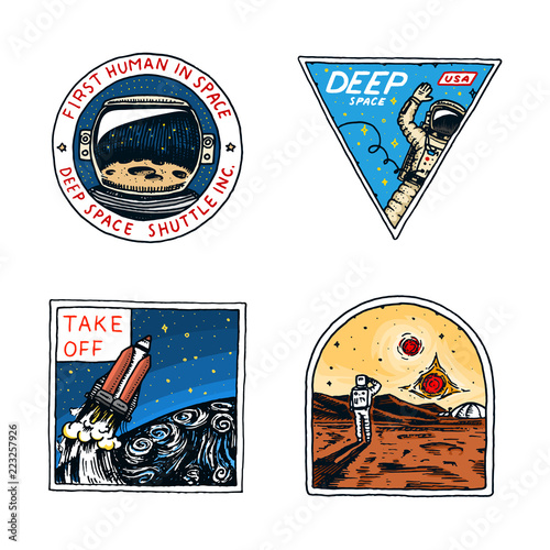 Set of Space logo. Human mission to Mars. Exploration of the astronomical galaxy. Astronaut or spaceman adventure. Planets and satellites badge emblem patch sticker. engraved hand drawn Vintage sketch
