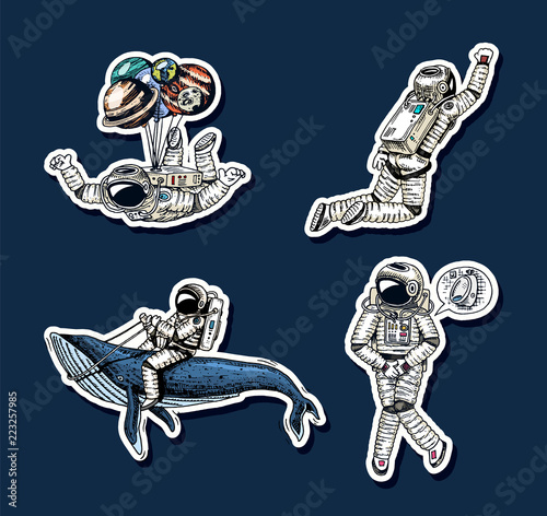 Set of Astronauts in space stickers. Collection soaring spaceman whale and balloons. dancer musician adventure in the galaxy. Homeless traveler engraved hand drawn comic sketch.