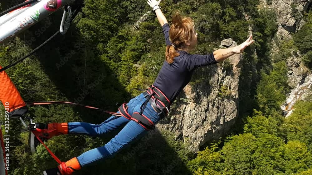 Klisura Bridge, Bulgaria - September 15, 2018: Bungee jumpers 230 feet bridge jump