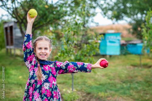 Lovely girl with apples in the hands in the garden .