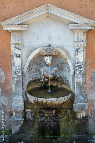 Dragon head drinking water fountain in Rome, Italy