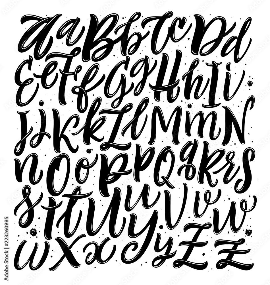 Hand drawn typeface set. Brush painted characters: lowercase and uppercase. Script font isolated on white background. 