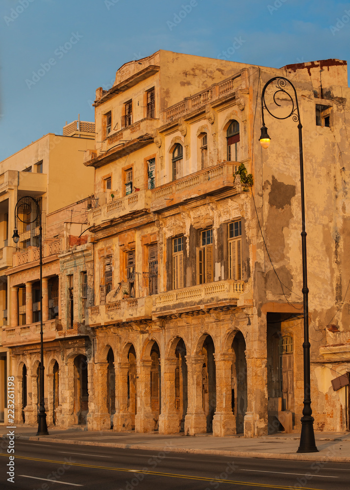 Edificio Forntuna, an old, building facing Malecon at sunset, Havana, Cuba