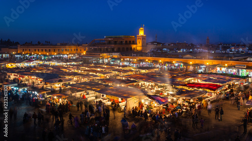 Crowd in Jemaa el Fna square at sunset, Marrakech, Morocco.