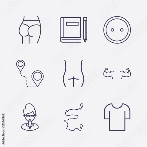 Outline 9 back icon set. teacher, distance, t shirt, ass figure, figure ass, bodybuilder, book and pencil and dress button vector illustration