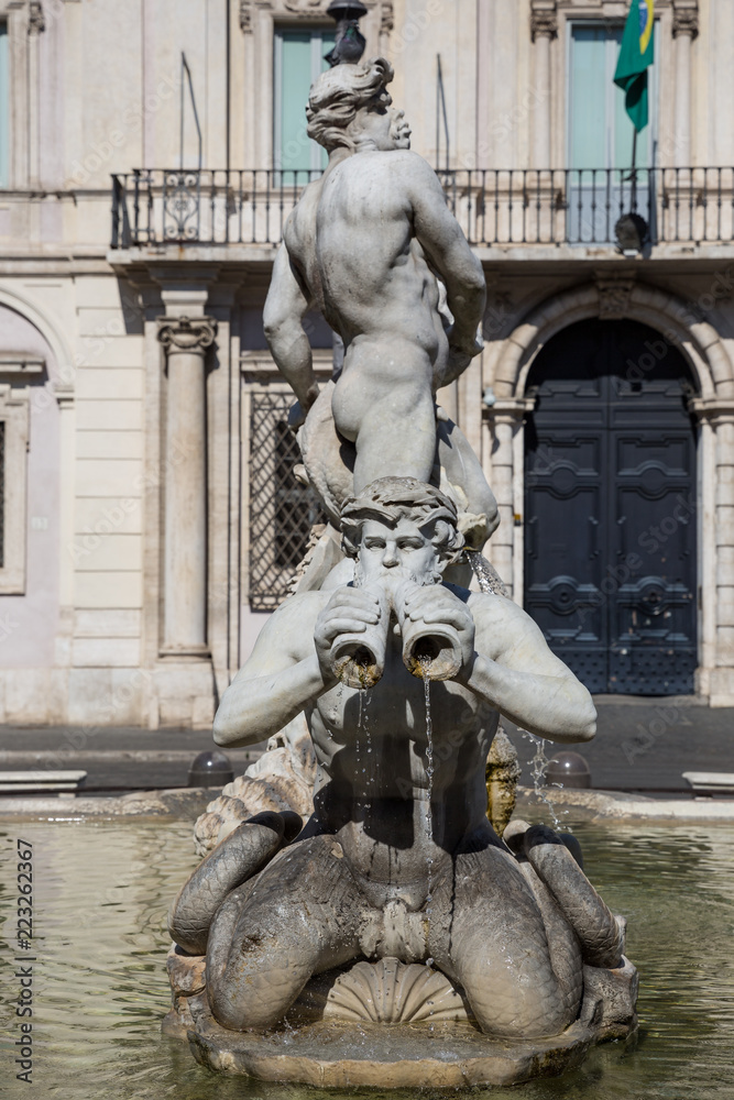 Detail from Fontana del Moro (Moor Fountain), which is a fountain located at the southern end of the Piazza Navona in Rome, Italy.
