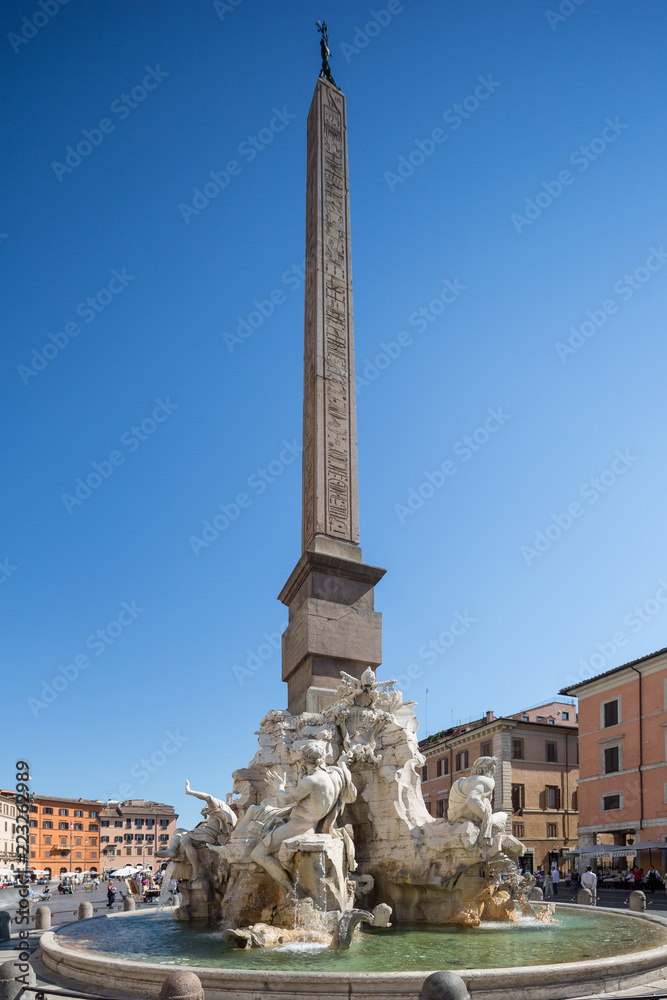 View of the  Fontana dei Quattro Fiumi which is a fountain in the Piazza Navona in Rome, Italy