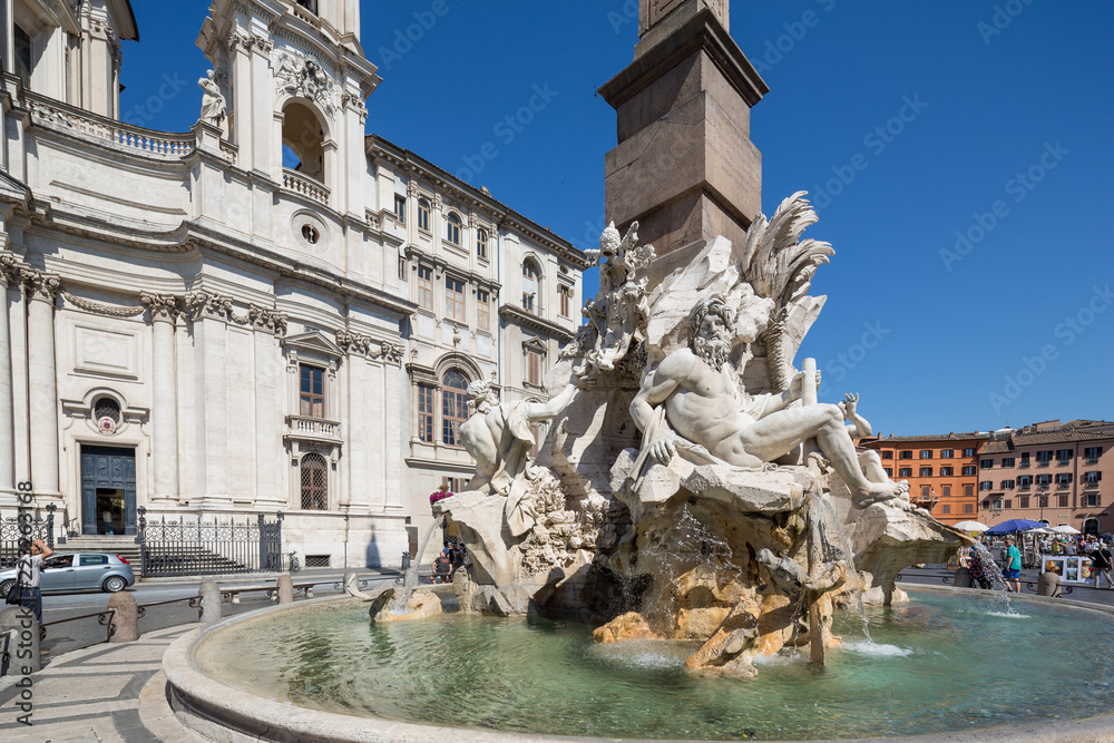 Detail view of the Fontana dei Quattro Fiumi which is a fountain in the Piazza Navona in Rome, Italy
