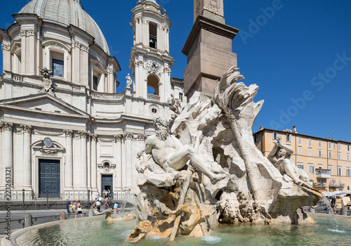 Detail view of the Fontana dei Quattro Fiumi which is a fountain in the Piazza Navona in Rome, Italy