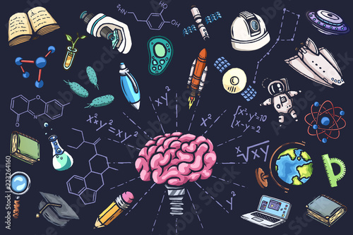 Scientific set of hand drawn vector icons.