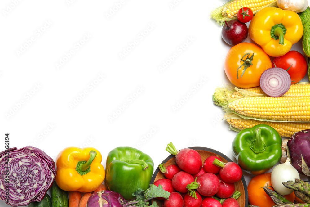 Assortment of fresh vegetables on white background, top view. Space for text Assortment of fresh vegetables on white background, top view. Space for text
