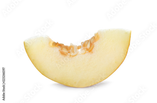 Slice of tasty ripe melon on white background