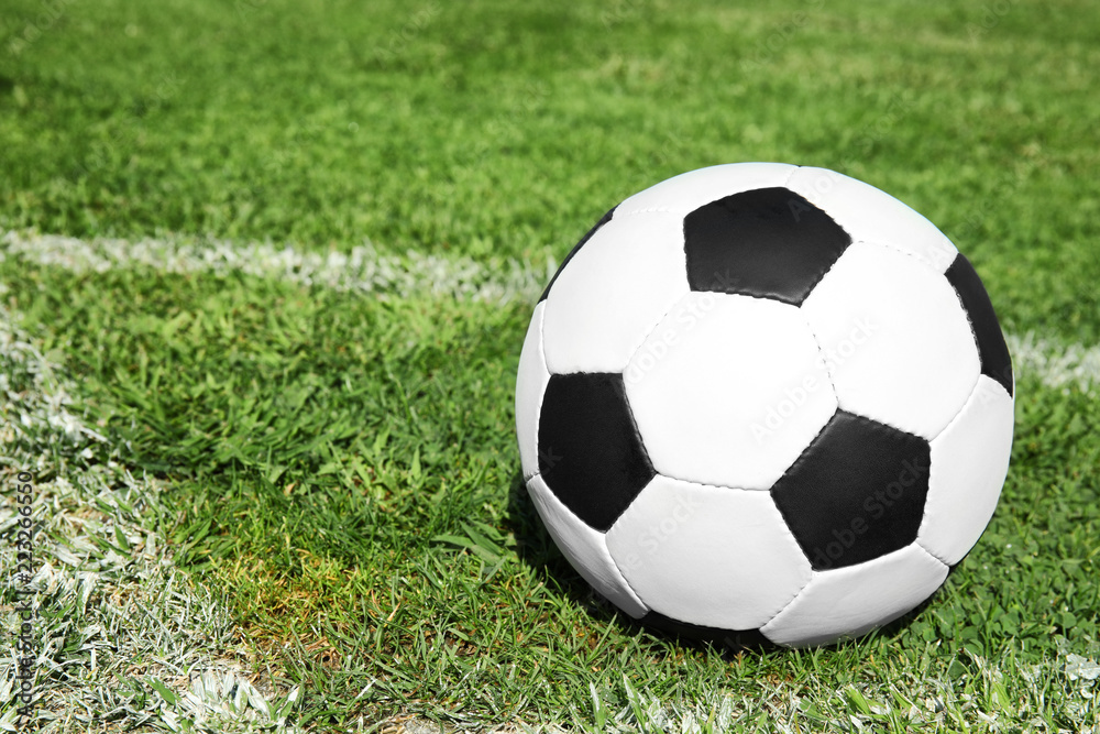 Soccer ball on fresh green football field grass. Space for text Soccer ball on fresh green football field grass. Space for text