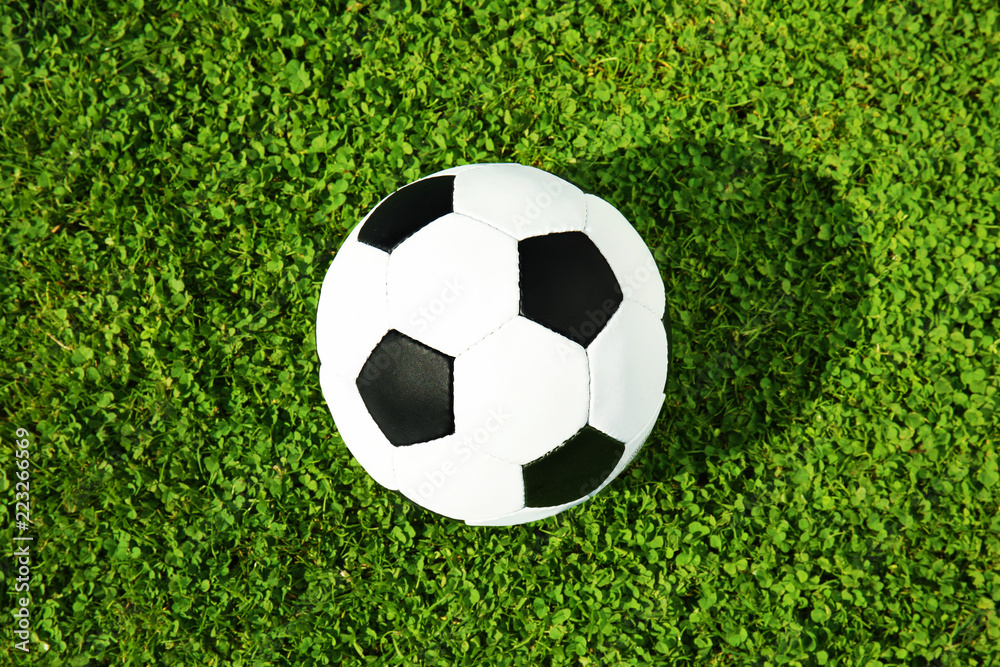 Soccer ball on fresh green football field grass, top view Soccer ball on fresh green football field grass, top view