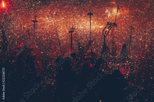 Silhouette of people at the Correfoc Festival, Catalonia, Spain photo