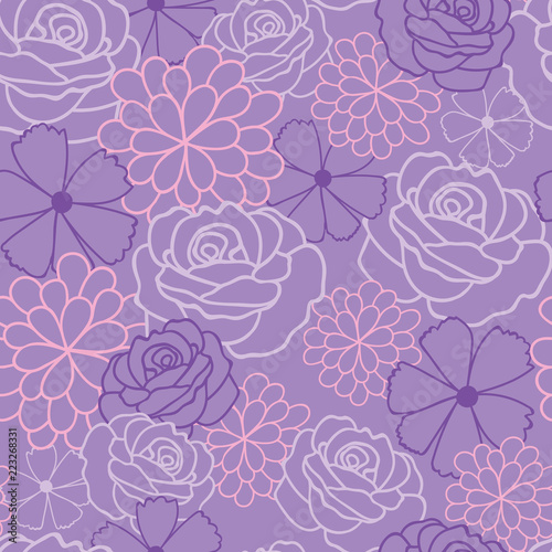 Purple flowers texture vector seamless pattern. Great for spring and summer w...